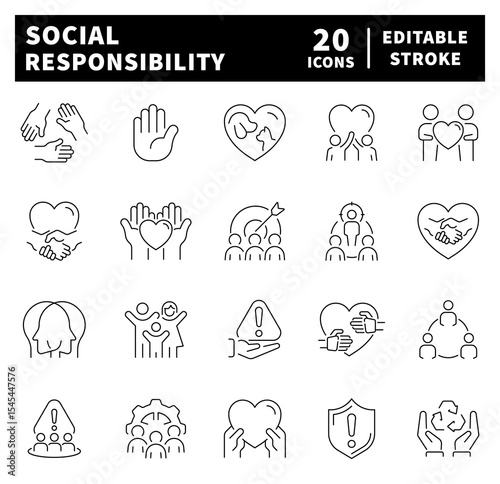 Set of thin line icons related to corporate social responsibility. Core values, impact, trust, support, care, social response