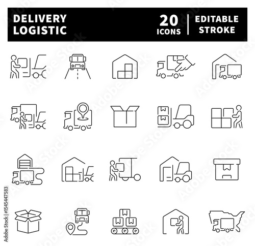 Delivery logistics, tracking and distribution. Distribution, shipping, transportation, delivery, cargo, freight, route planning, supply chain, export and import icons