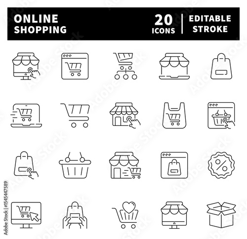 Set of thin line icons related to online shopping.  E-Commerce, Shop, Online Shopping, store, customer, buy, order, purchase, shopping icons