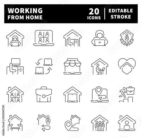 Set of thin line icons related to working from home. Freelance and Work at Home Icons Set. Working from Home, Distant Work, Freelance, Online working, Work Online, Remote work icons.