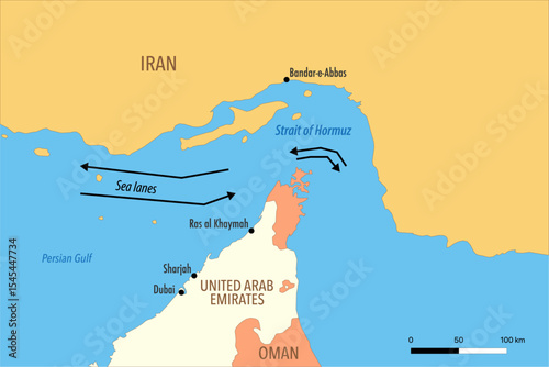 Vector Map of the Strait of Hormuz with Sea Lanes, Surrounding Territories, and Shipping Routes