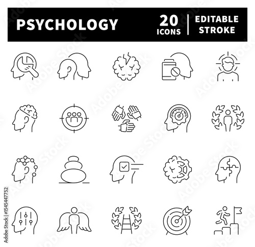 Psychology vector icons in line style. Thin line icons set related to psychology and psychotherapy. Psychology and mental symbols