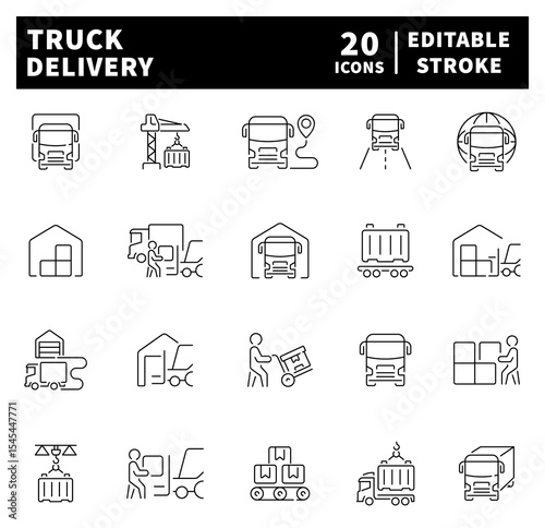 Set of outline icons related to delivery and logistics. Truck delivery linear vector icons. Delivery service, shipping, logistics, transportation, cargo, truck vector Icons set