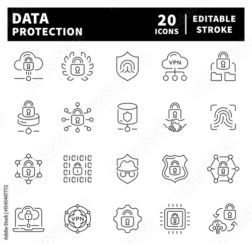 Data protection vector icons. Thin line icons set related to Data protection, privacy and security. Safety, protection, private, privacy, security