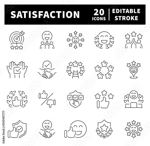 Set of outline icons related to satisfaction and feedback. Review, customer experience, client satisfaction, review, feedback vector Icons set