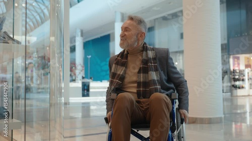 Elderly man in a wheelchair looks at a store window in a shopping mall