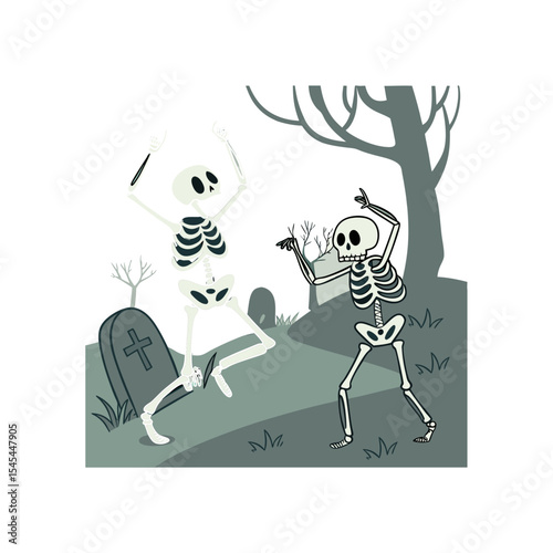   Skeletons in Haunted Graveyard – Spooky Halloween Cartoon Illustration with Fun Skeleton Party Scene

