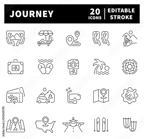  Journey icons in line style. Thin line icons set related to journey and travel.