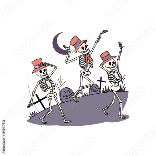   Skeletons in Haunted Graveyard – Spooky Halloween Cartoon Illustration with Fun Skeleton Party Scene

