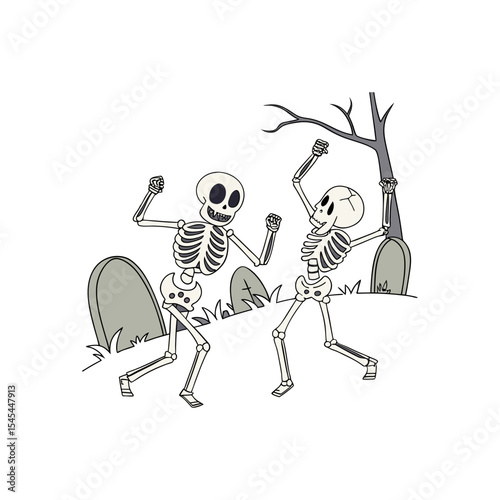   Skeletons in Haunted Graveyard – Spooky Halloween Cartoon Illustration with Fun Skeleton Party Scene

