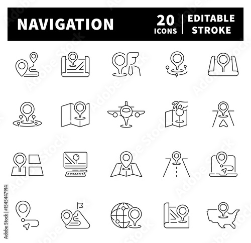 Navigation web icons in line style. Thin line icons set related to navigation and location