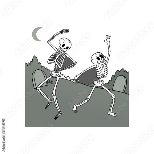   Skeletons in Haunted Graveyard – Spooky Halloween Cartoon Illustration with Fun Skeleton Party Scene

