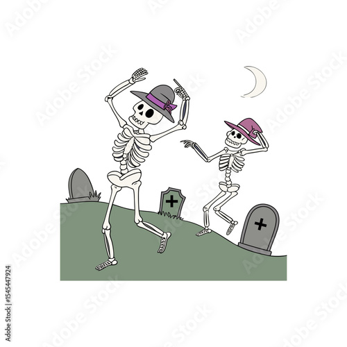   Skeletons in Haunted Graveyard – Spooky Halloween Cartoon Illustration with Fun Skeleton Party Scene

