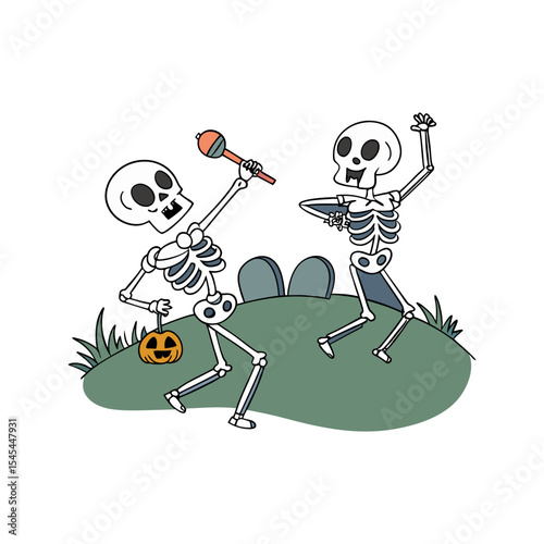   Skeletons in Haunted Graveyard – Spooky Halloween Cartoon Illustration with Fun Skeleton Party Scene

