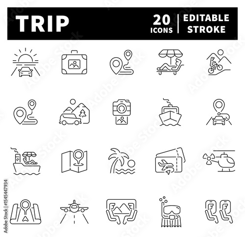 Trip web icons in line style. Thin line icons set related to trip and journey.