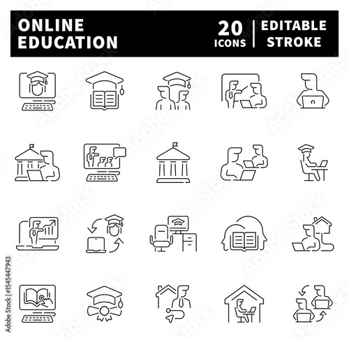 Online education web icons in line style. Online education icon set. Thin line icons set related to online education and E-learning