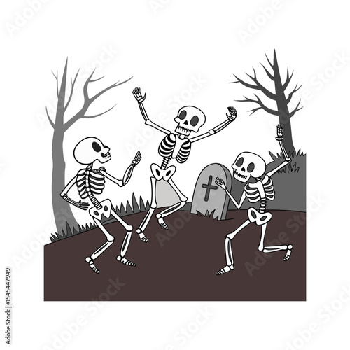   Skeletons in Haunted Graveyard – Spooky Halloween Cartoon Illustration with Fun Skeleton Party Scene


