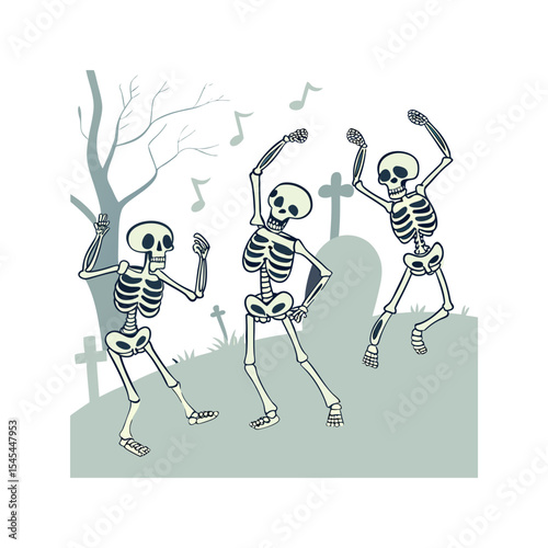  Skeletons in Haunted Graveyard – Spooky Halloween Cartoon Illustration with Fun Skeleton Party Scene

