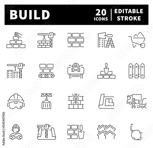 Building web icons in line style. Thin line icons set related to building and construction. Collection of build related outline icons