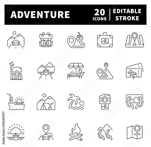 Adventure web icons collection in line style. Adventure icon set. Thin line icons set related to adventure and travel.