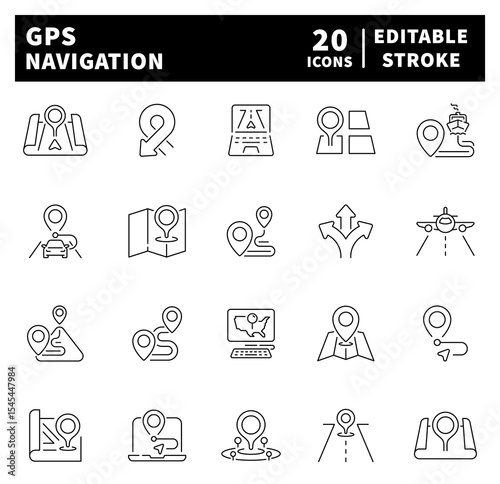 GPS navigation web icons in line style. GPS navigation icon set. Thin line icons set related to GPS and navigation