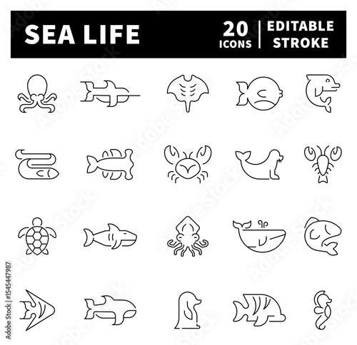 Sea life web icons collection in line style. Sea life icon set. Thin line icons set related to sea life and sea fish