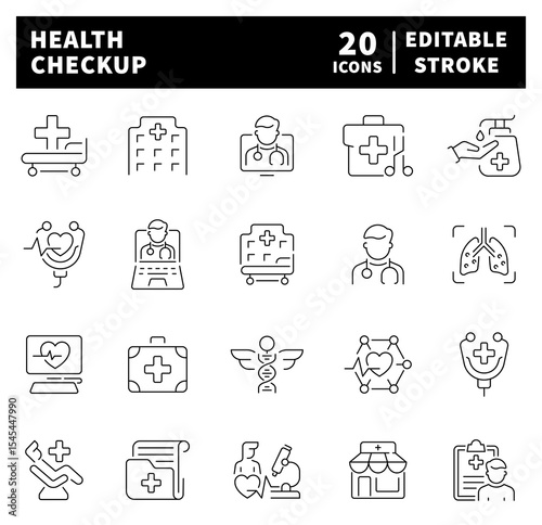 Health checkup web icons in line style. Health checkup icon set. Thin line icons set related to health checkup and health care