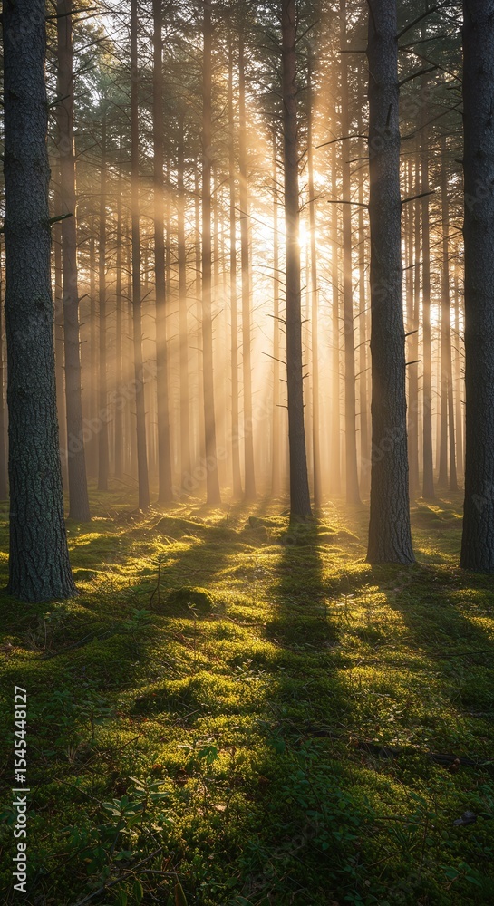 Fototapeta premium Sunbeams Illuminate Misty Forest Path Magical Sunrise Photography