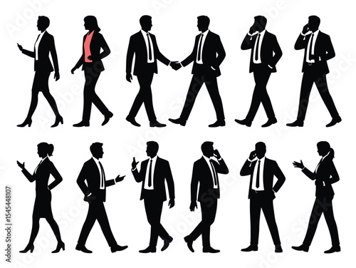 Silhouettes of Business People Talking, Professional Interaction Vector Set. business people silhouettes