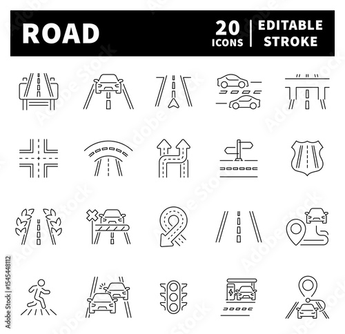 Road elements. Road vector icons in line style. Thin line icons related to road and traffic