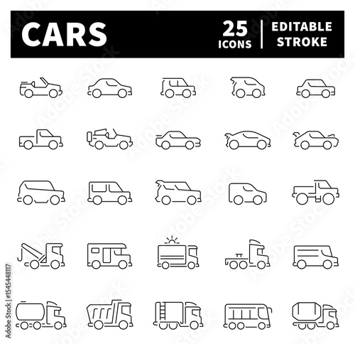 Car shapes vector icons in line style. Thin line icons related to vehicles and cars. Car body shapes 