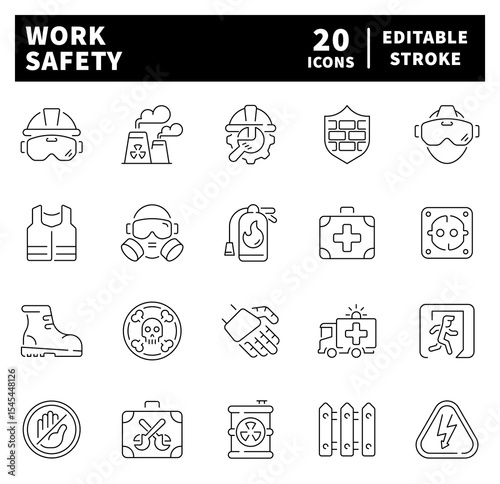 Thin line icons related to safety work and workplace. Work safety vector icons in line style
