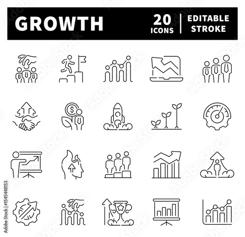 Growth vector icons in line style. Thin line icons related to growth and success