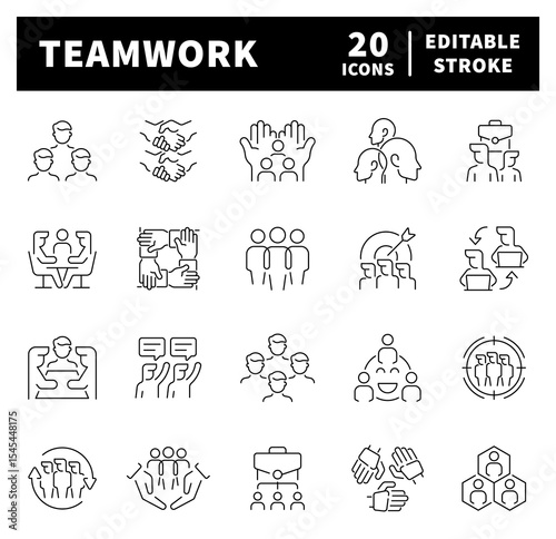 Teamwork vector icons in line style. Thin line icons related to teamwork and partnership