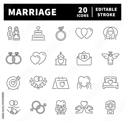Marriage vector icons in line style. Thin line icons related to marriage and love