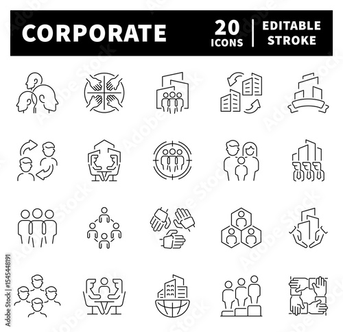 Corporate vector icons in line style. Thin line icons related to teamwork and partnership