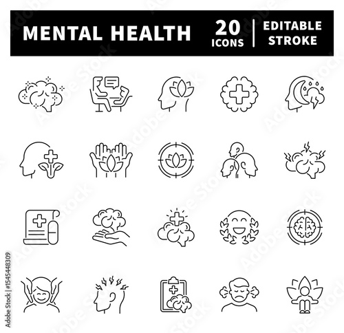 Mental health vector icons in line style. Thin line icons related to mental health and wellness