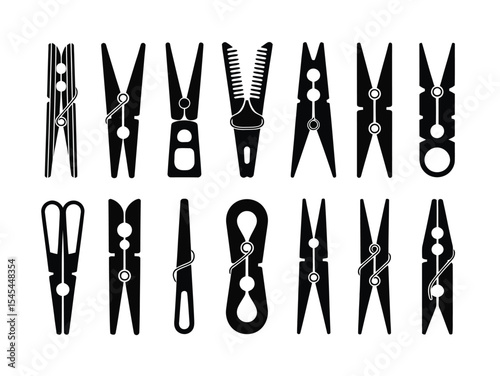 Best collection vector illustration of household clothes pegs isolated on white background. Set of different clothes pegs, silhouette