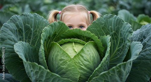 Adorable Girl Playing Peek-a-Boo Behind a Giant Cabbage in a Lush Garden photo