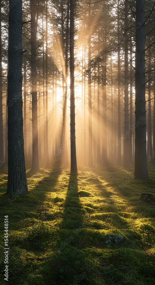 Fototapeta premium Sunbeams Illuminating Misty Forest Magical Sunrise Photography