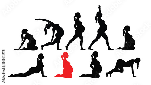 Pregnant women practicing yoga Vector template silhouettes, set of pregnant women exercising