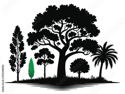 Silhouette tree collection variety of tree types forest evergreen trees. palm trees silhouette