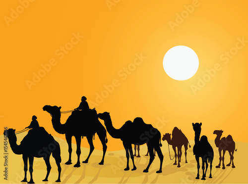 six camels group in yellow heat desert