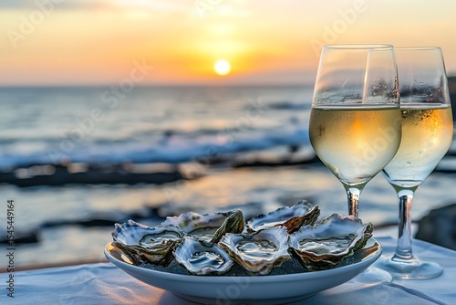 Plate of fresh oysters served with white wine glass on table, set against warm sunset over ocean, creating a serene and elegant dining atmosphere