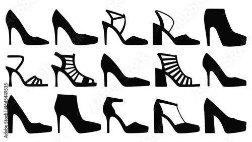 Vector silhouette illustration of set of women's black high heel shoes on transparent background. set of female shoes