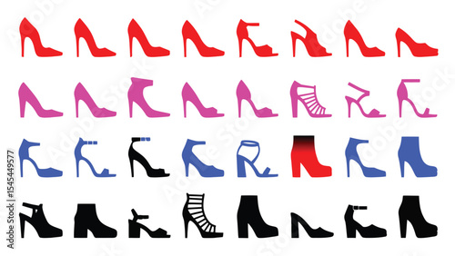 Colorful and Black Silhouettes of Women’s High Heel Shoes, Fashion Footwear Vector Set. set of female shoes