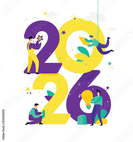 New year 2026. Meeting the new year. Vector. Business people celebrate Christmas and New Year. New Horizons. Preparation for the holiday.