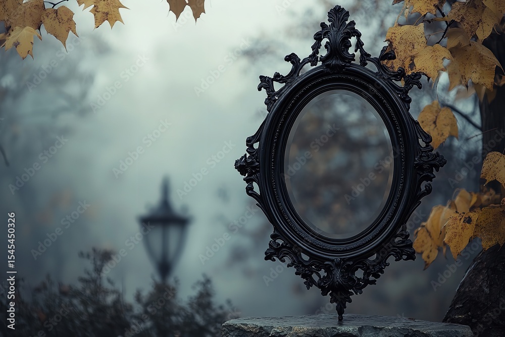Obraz premium Black Gothic Mirror with Ornate Frame in Foggy Autumn Setting, Styled as Horror-Themed Dark Art