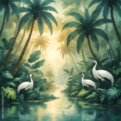 A serene tropical jungle forest bathed in the soft golden glow of early dawn