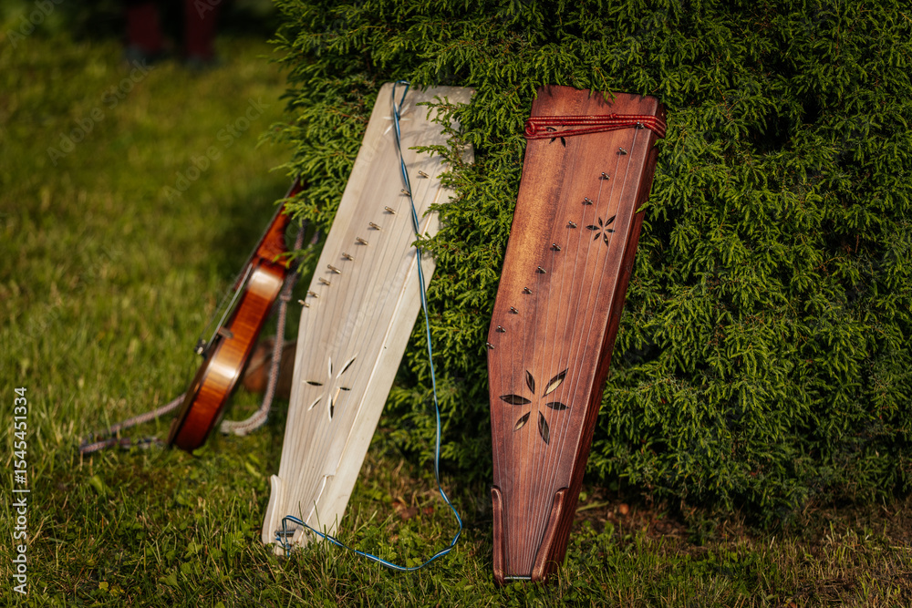 Φωτογραφία Two traditional Baltic kokles and a violin rest against a lush green bush on the grass, highlighting folk instruments in a natural outdoor setting